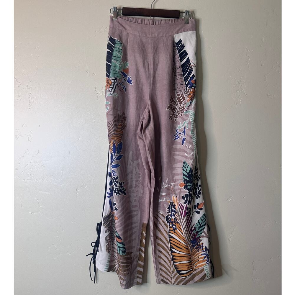Anthropologie Ranna Gill Linen Blend Printed Side-Bow Wide-Leg Pants SMALL - Picture 2 of 10